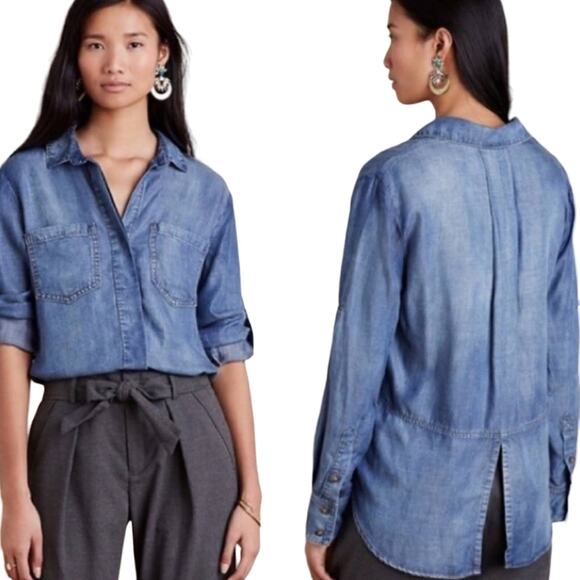 Cloth & Stone Split Back Chambray Button Down Top Blue Small Anthropologie - Picture 1 of 12